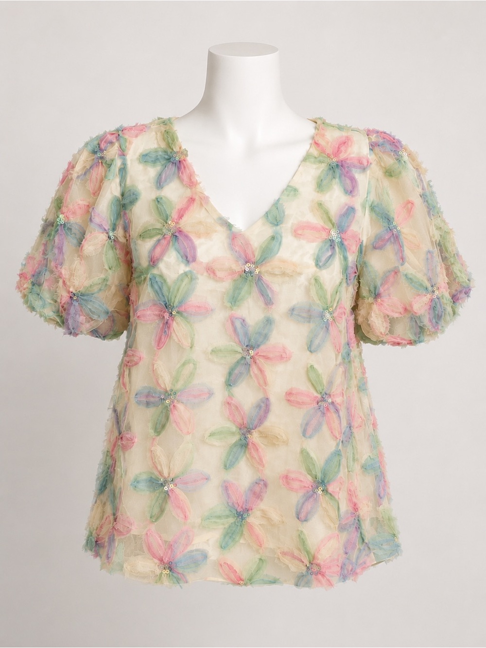 Umgee Mixed Floral Sequin Puff Sleeve Blouse Medium NWT